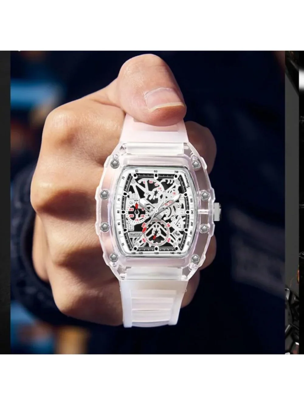 Stylish Hollowed Men’s Quartz Watch - Transparent Tonneau, Waterproof, Date